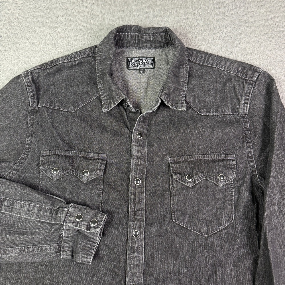 Lucky Brand Denim Western Shirt Mens M Black Pearl Snap Work Sawtooth Pockets